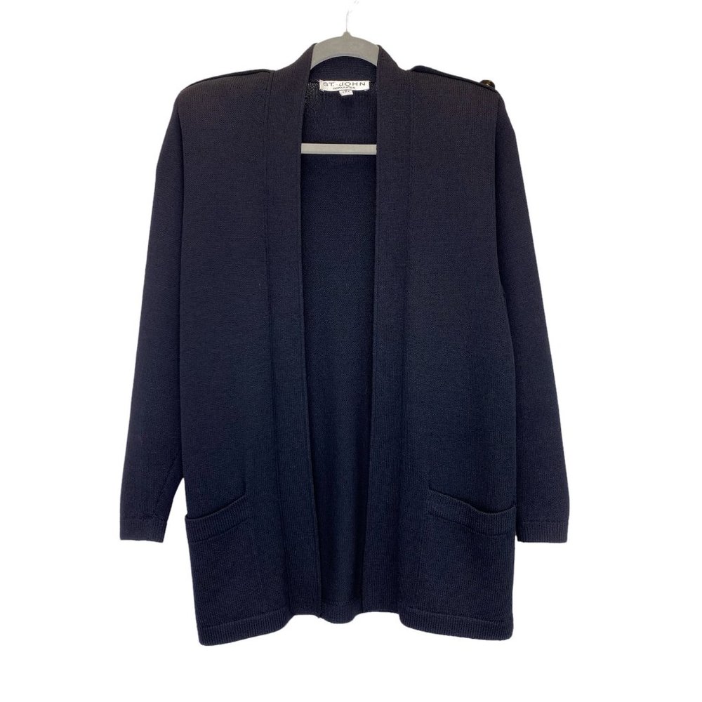 St. John Separates Cardigan Black Open-Front Santana Knit Gold Button Women's P